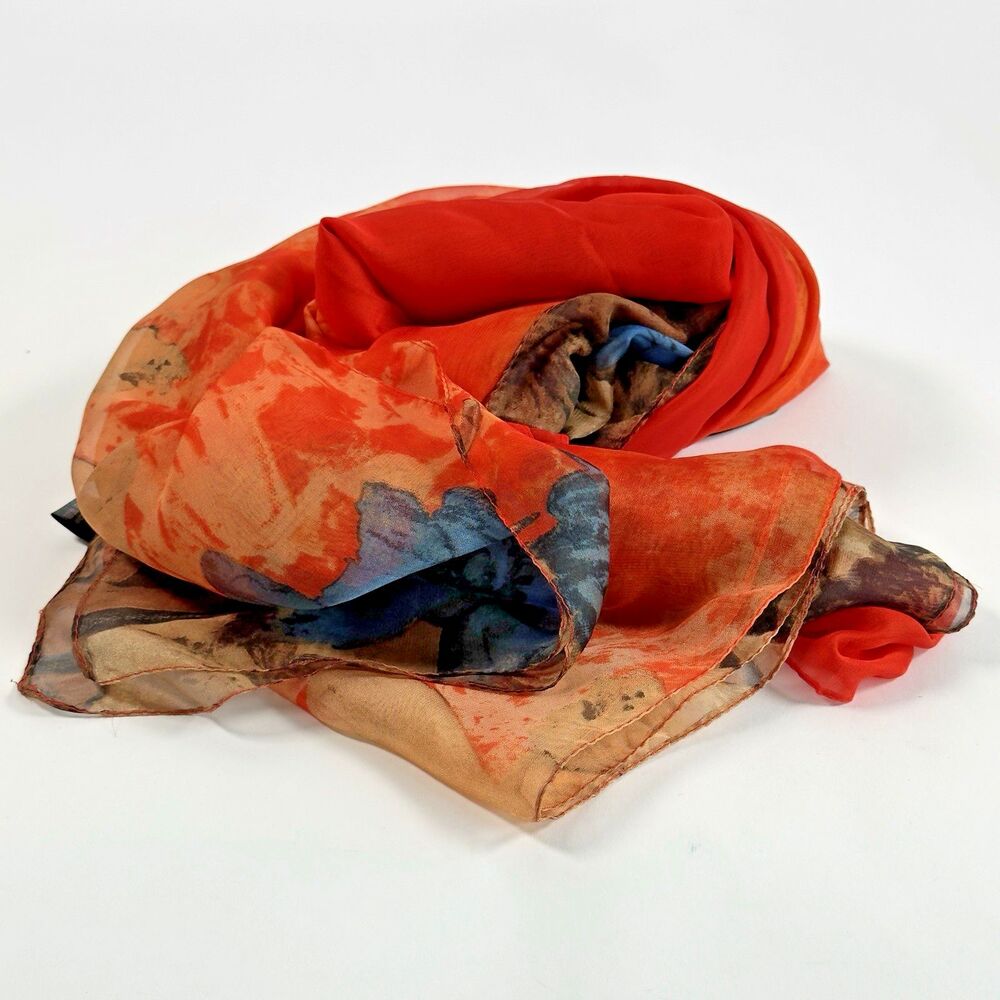 Silk-Feeling Floral Scarf – 148x52 cm – Sheer Lightweight Wrap – Never Worn